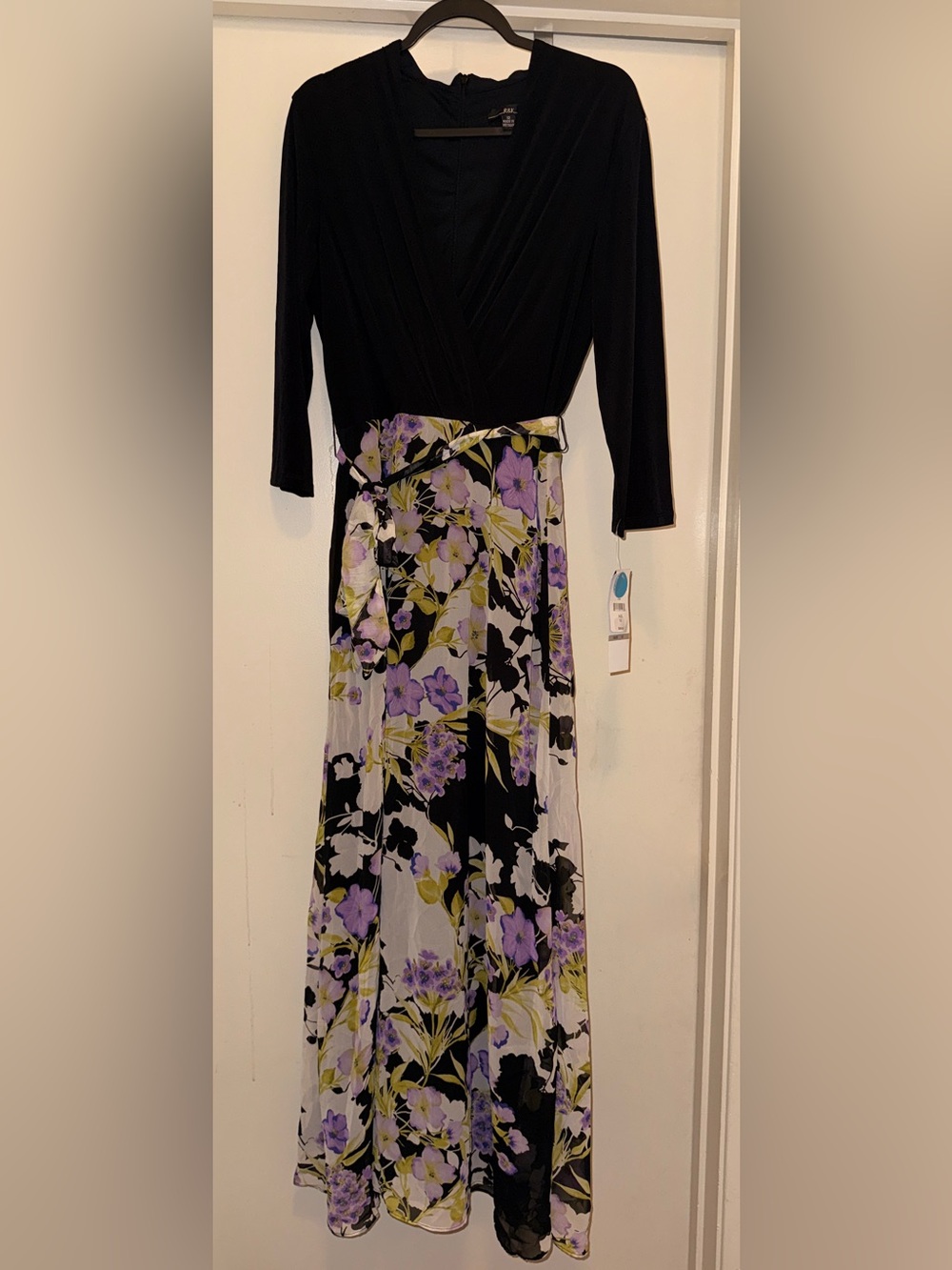 R&K Black Wrap Top with Purple Floral Skirt Maxi Dress
